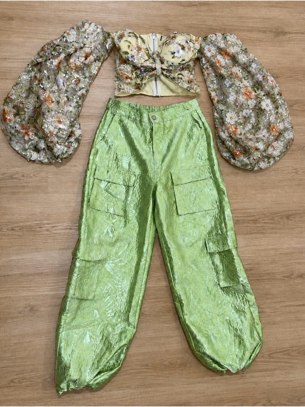 AKIRA Light Green Satin Cargo Joggers and Sparkle Top